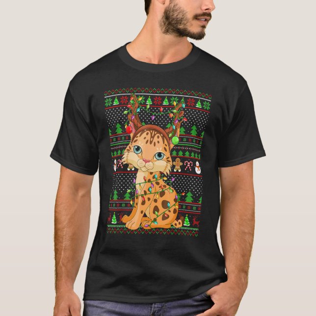 Ugly Xmas Sweater Style Lighting Lynx Christmas T-Shirt (Vorderseite)