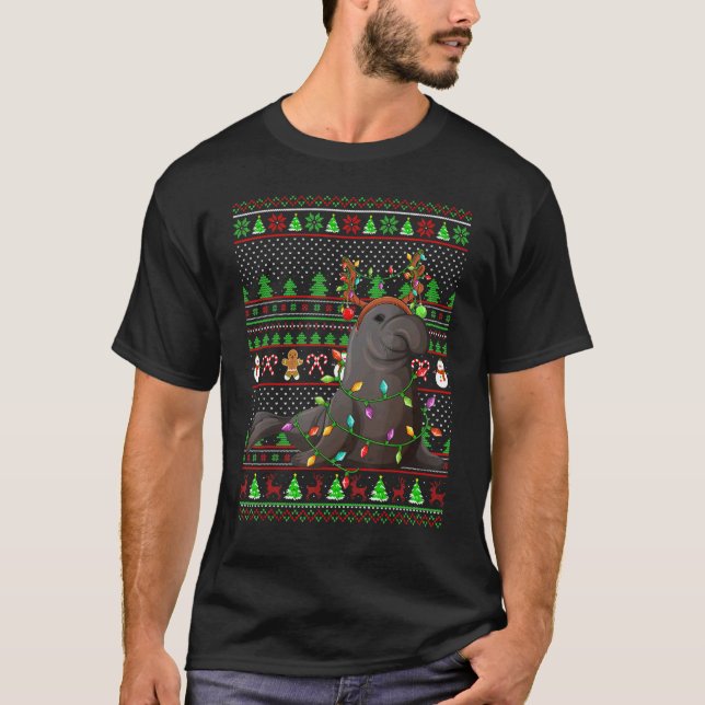 Ugly Xmas Sweater Style Lighting Manatee Christmas T-Shirt (Vorderseite)