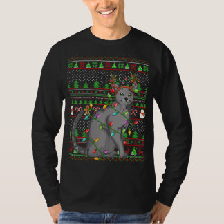Ugly Xmas Sweater Style Lighting Russian Blue Cat T-Shirt