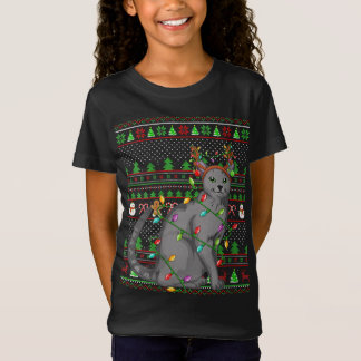 Ugly Xmas Sweater Style Lighting Russian Blue Cat T-Shirt
