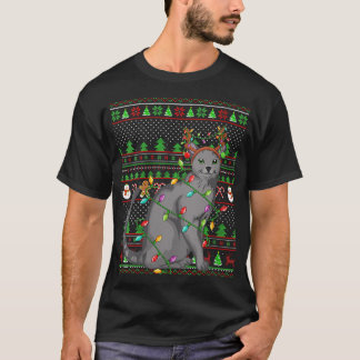 Ugly Xmas Sweater Style Lighting Russian Blue Cat T-Shirt