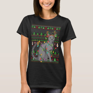 Ugly Xmas Sweater Style Lighting Russian Blue Cat T-Shirt