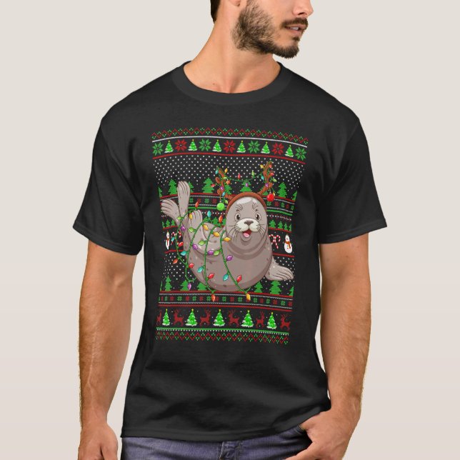 Ugly Xmas Sweater Style Lighting Seals Christmas T-Shirt (Vorderseite)