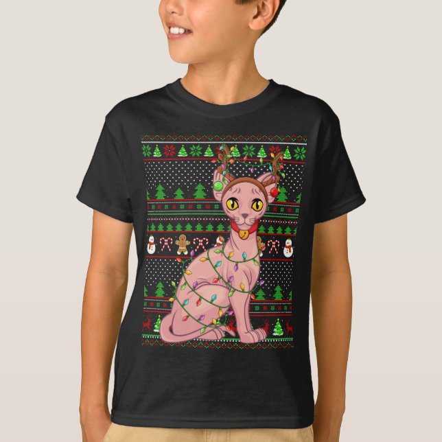 Ugly Xmas Sweater Style Lighting Sphynx Kat Christ T-Shirt (Vorderseite)