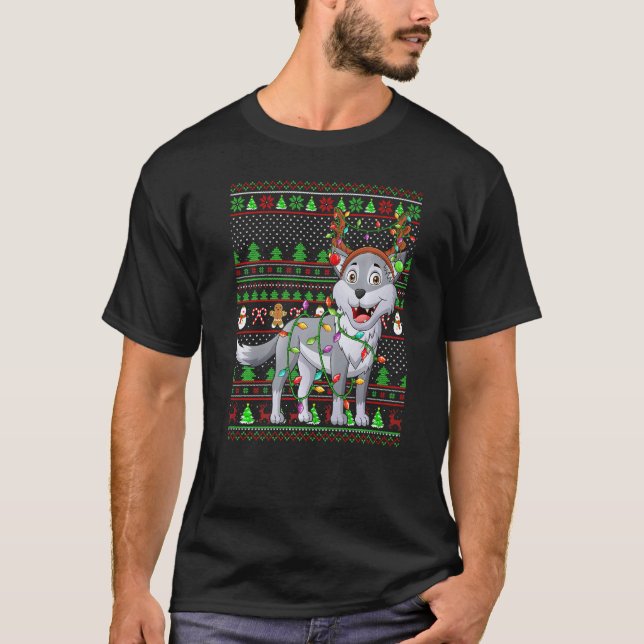 Ugly Xmas Sweater Style Lighting Wolf Christmas   T-Shirt (Vorderseite)
