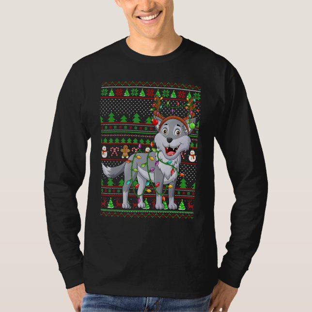 Ugly Xmas Sweater Style Lighting Wolf Christmas T-Shirt (Vorderseite)