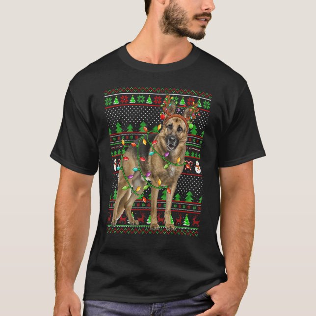 Ugly Xmas Sweater Style Lights German Shepherd Dog T-Shirt (Vorderseite)