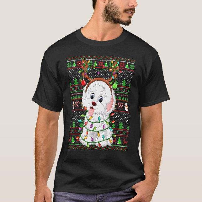 Ugly Xmas Sweater Style Lights Havanese Dog Christ T-Shirt (Vorderseite)