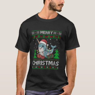 Ugly Xmas Sweater Style Lights Santa Narwhal Chris T-Shirt