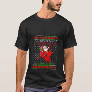 Ugly Xmas Sweater Style Santa Riding Kardinal Bird T-Shirt
