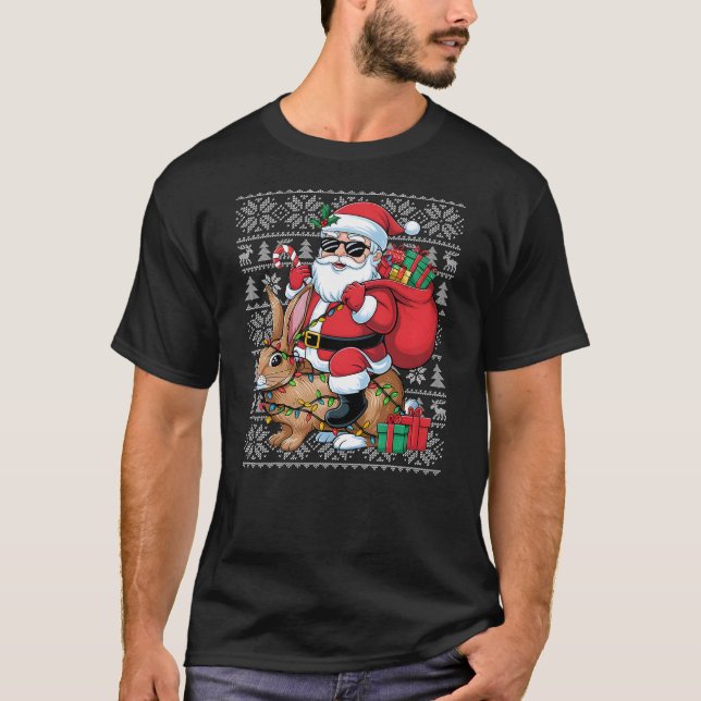 Ugly Xmas Sweater Style Santa Riding Rabbit Christ T-Shirt (Vorderseite)