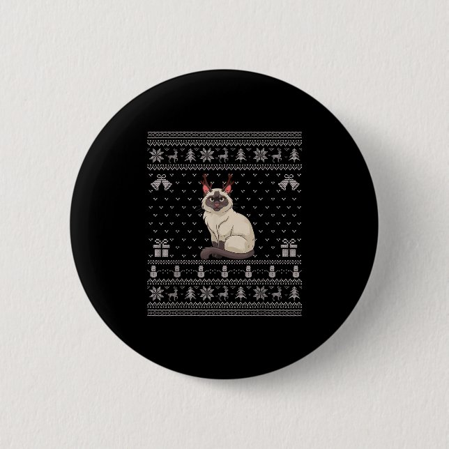 Ugly Xmas Sweater Style Siamese Cat Reindeer Chris Button (Vorderseite)