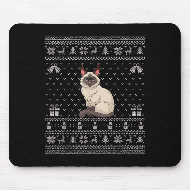 Ugly Xmas Sweater Style Siamese Cat Reindeer Chris Mousepad (Vorne)