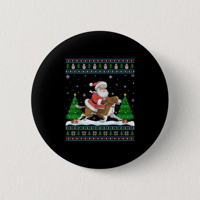 Ugly Xmas Tree Santa Riding Brittany Spaniel Dog C Button (Vorderseite)