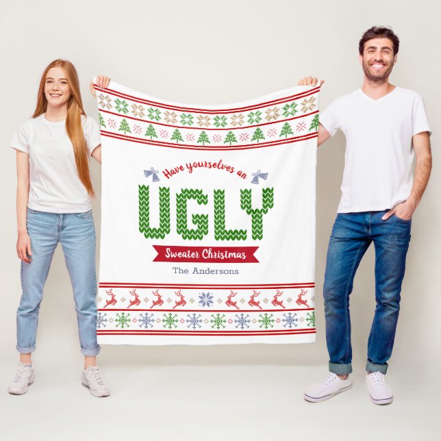 Ugor Christmas Sweater Nordic White Red Green Stri Fleecedecke (Beispiel)