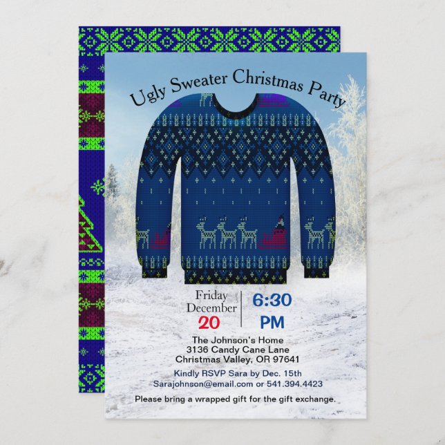 Ugy Sweater Christmas Party, Blue with Deer, ZPR Einladung (Vorne/Hinten)