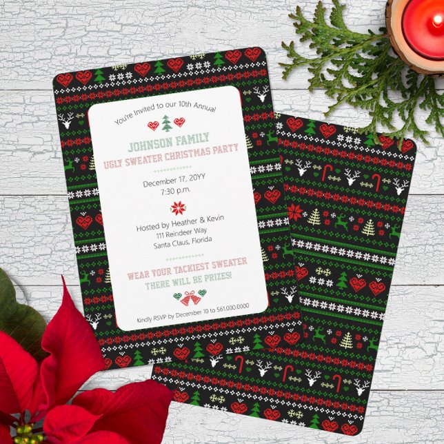Ugy Sweater Pattern Weihnachtsfeier Einladung (Traditional Ugly Sweater pattern Christmas Holiday Party Invitation with Faux Stitched Typography)