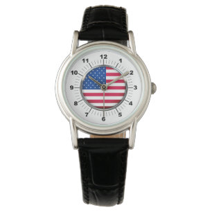 Uhr für Damen mit schwarzem Lederarmband und USA-F