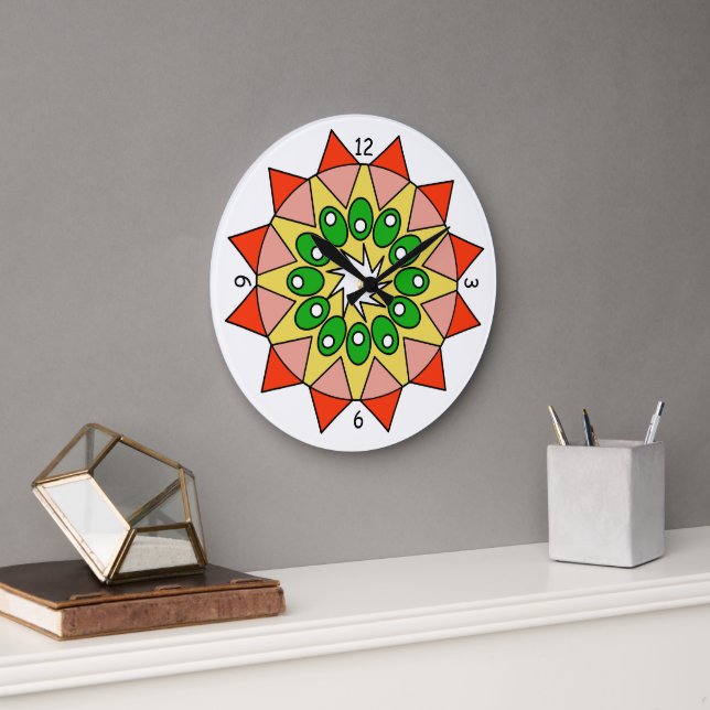 Uhr - Mandala in Rot, Rosa, Grün, Gelb (Büro)
