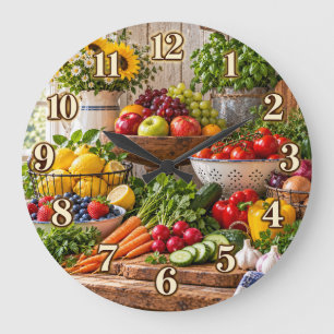 Uhr mit frischen Früchten und Gemüse im Landhausst