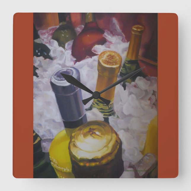 Uhr mit Weinflaschen in einem Eimer (Vorderseite)