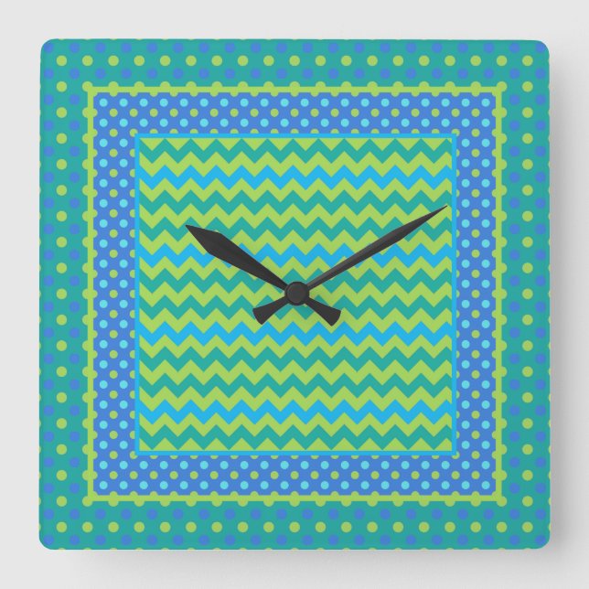 Uhr: Mix'n'Match Chevrons und Polka Dots Quadratische Wanduhr (Vorderseite)
