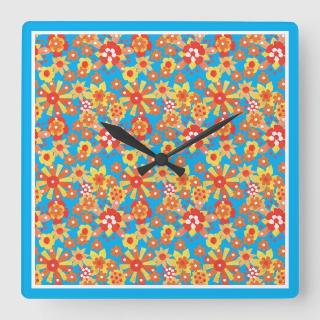 Uhr, orange Blume, blaue Grenze Quadratische Wanduhr (Vorderseite)