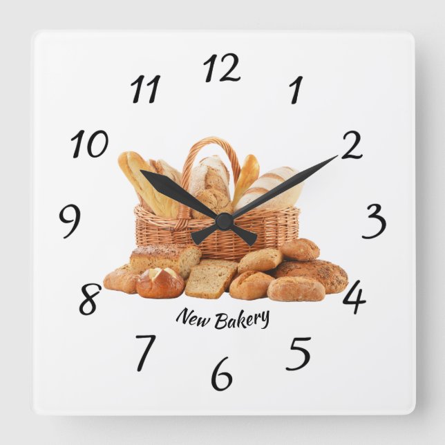 Uhr, Quadrat, Bäckerei, Brot, Scheibe Quadratische Wanduhr (Vorderseite)