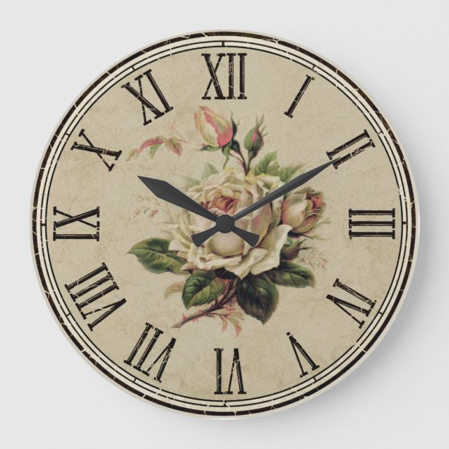 Uhr Rund Vintager Shabby-Look "Rose weiß" (Vorderseite)