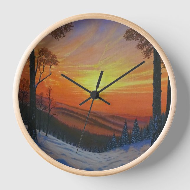 Uhr - "Sonnenuntergang über verschneitem Wald" (Vorderseite)