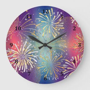 Uhrdesign mit illustrierten Feuerwerken Große Wanduhr