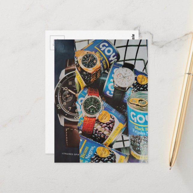 Uhren und Konserven Collage Postkarte (Vorderseite/Rückseite Beispiel)