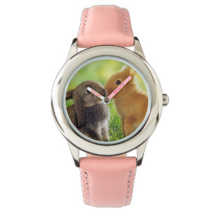 Uhrkaninchenhäschen Snuggle-Braungrün des Kindes Armbanduhr