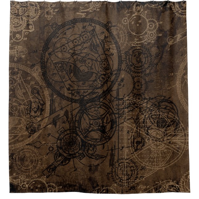 Uhrwerk-Collage Braun Duschvorhang (Vorderseite)