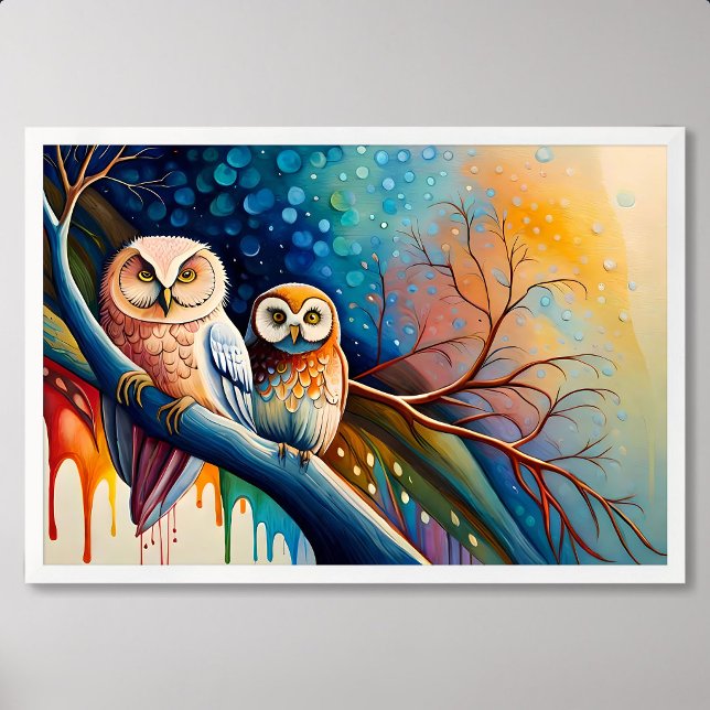 Uhusmalerei Stangenbaumfarbe farbiger Tropfen Poster (owl painting perch tree branch paint colorful drip)