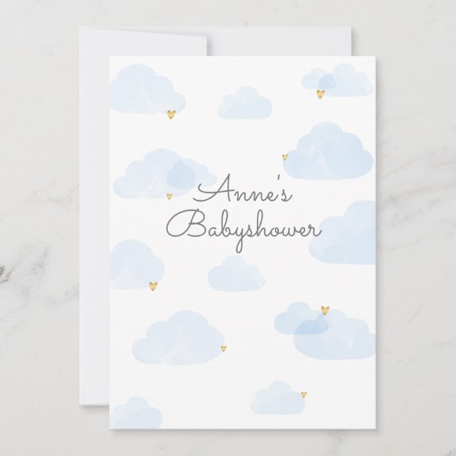 Uitnodiging babyshower jongen wolken lichtblauw einladung (Vorderseite)