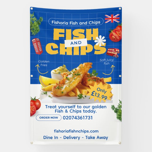 UK-Edition Leckerer Fish-N-Chips-Restaurant anpass Banner (Vertikal)