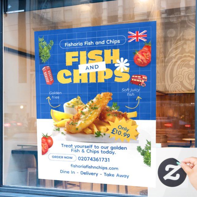 UK-Edition Leckerer Fish-N-Chips-Restaurant anpass Fensteraufkleber (Café-Fenster)