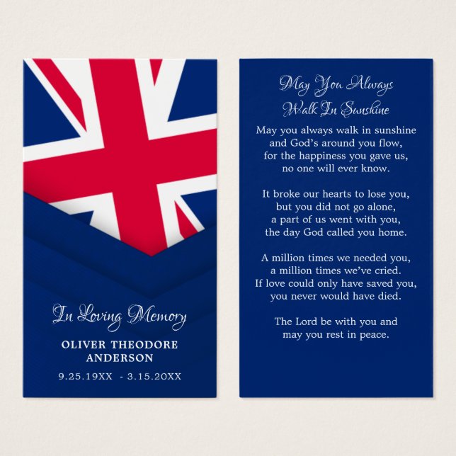 UK Flag British Memorial Funerary Prayer Card (Vorne & Hinten)