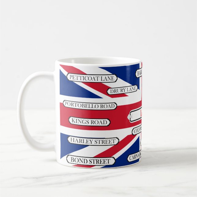 UK Flag & London Famous Street Namen Kaffeetasse (Links)