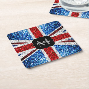 UK-Flagge rot blau weiß Glitter Glanz Monogramm Rechteckiger Pappuntersetzer
