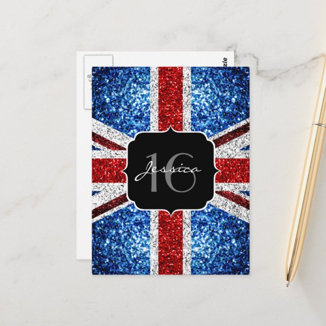 UK-Flagge rot weiß blau Glitzer Glitzer Sweet 16 Postkarte (Vorderseite/Rückseite Beispiel)