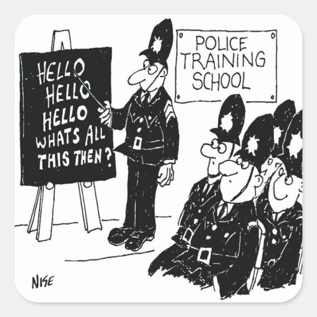 UK Police Training School Funny Cartoon Quadratischer Aufkleber (Vorderseite)