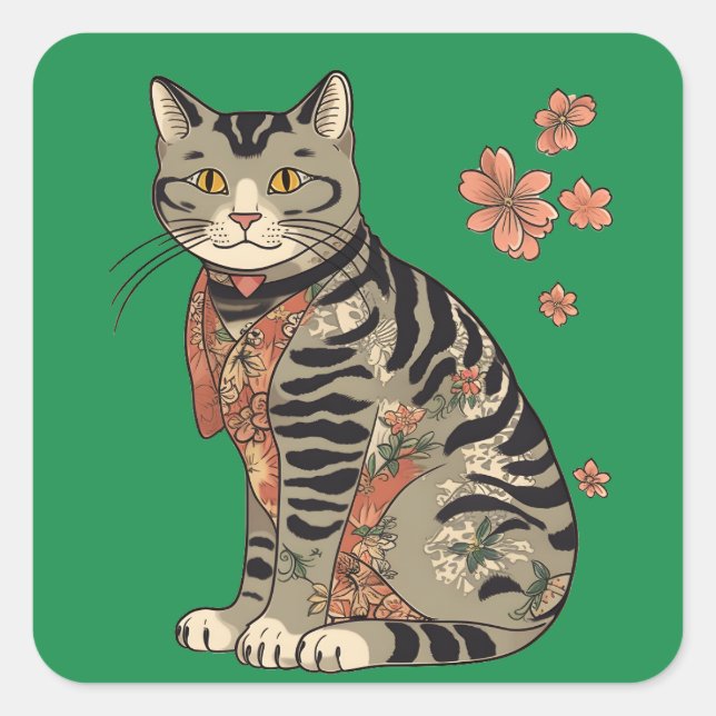 Ukiyo-e Cat und Blume Muster Vol.2 Quadratischer Aufkleber (Vorderseite)