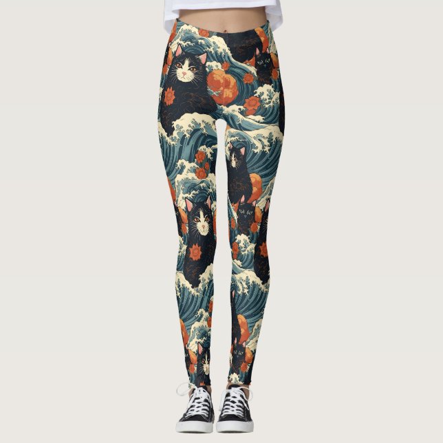 Ukiyo-e Cats von Kanagawa Pattern Leggings (Vorderseite)
