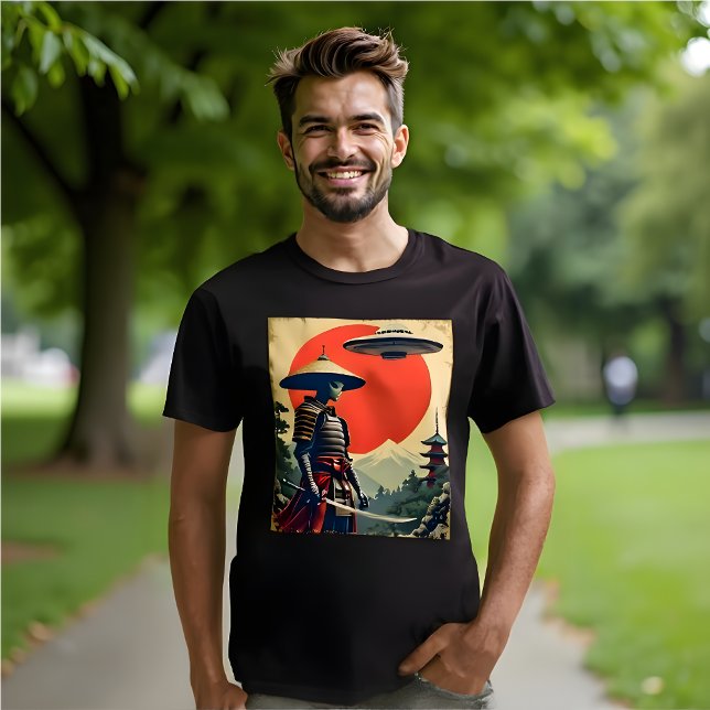 Ukiyo-e Japanisch Landschaft Kunst Funny Alien Sam T-Shirt (Funny Alien Samurai T-Shirt. )