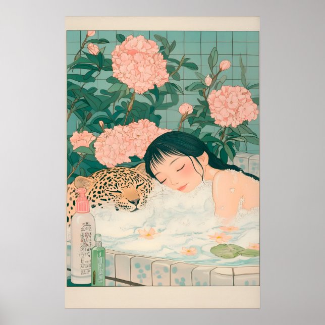 Ukiyo-e Leopard Bath Art Print Japandi Bathroom Poster (Vorne)