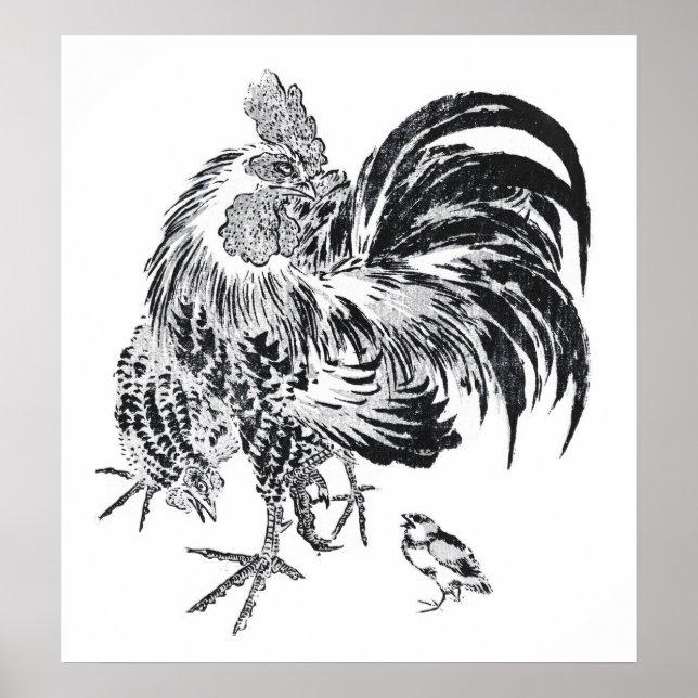 Ukiyo-e Niwatori Japanese Rooster von Toyohiro Poster (Vorne)