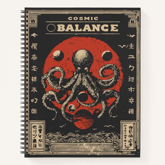 Ukiyo-e Octopus Balance | Kosmische Harmonie Kunst Notizbuch (Vorderseite)