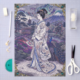 Ukiyo-e-Stil Fantasy Orientalisches Mädchen & Pfau Seidenpapier